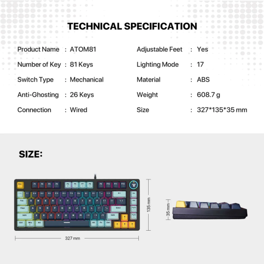 Fantech MK875 V2 Atom 81 RGB Mechanical Gaming Keyboard – Compact & Responsive