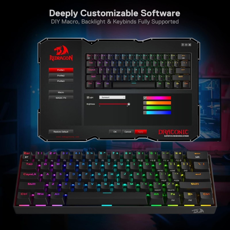 Redragon K530 Pro Draconic 60% Mechanical Keyboard – Bluetooth, 2.4GHz & Wired