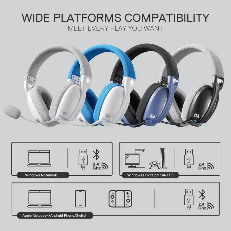 Redragon H878 3-mode Wireless Blue Lighting Gaming Headset - Lightweight - 7.1