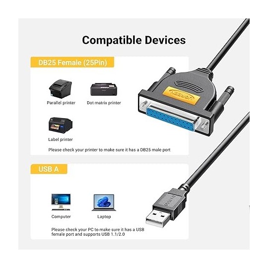 UGREEN USB to DB25 Parallel Printer Cable 2m - US167 - 20224