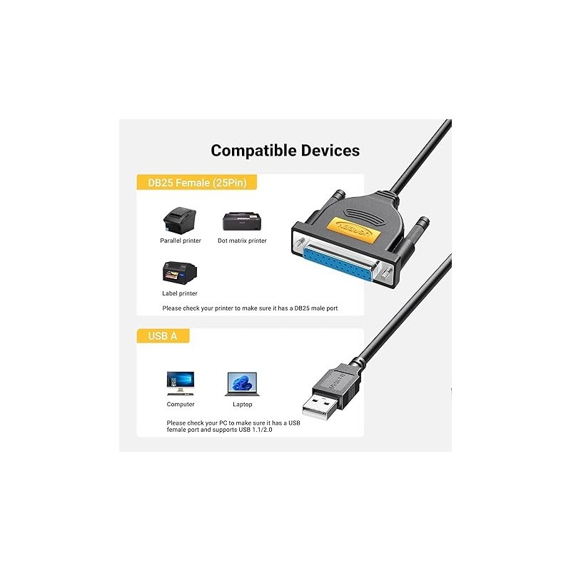 UGREEN USB to DB25 Parallel Printer Cable 2m - US167 - 20224