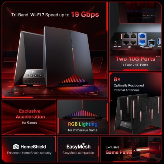 TP-Link Archer GE800 BE19000 Tri-Band Wi-Fi 7 Gaming Router | Ultra-Fast Speeds, Low Latency, Next-Gen Performance