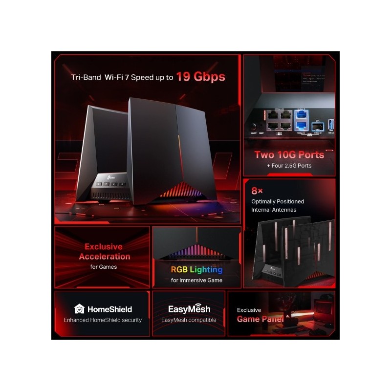 TP-Link Archer GE800 BE19000 Tri-Band Wi-Fi 7 Gaming Router | Ultra-Fast Speeds, Low Latency, Next-Gen Performance