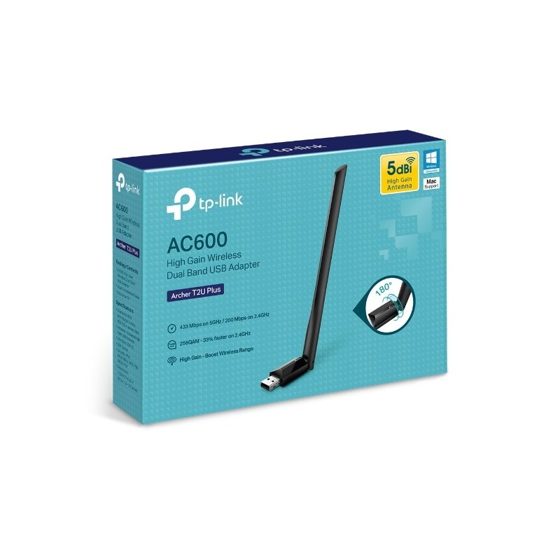 TP-Link Archer T2U Plus AC600 High Gain Dual Band USB WiFi Adapter | Fast 5GHz & 2.4GHz Wireless Network Dongle