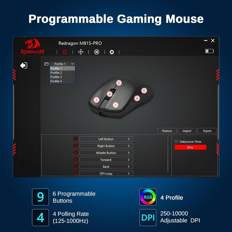 Redragon M815 Pro 3-Mode Wireless Gaming Mouse – High Precision & Ergonomic Design
