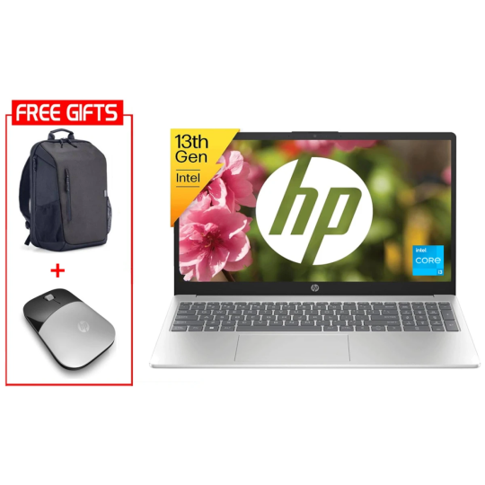 HP Laptop 15-FD0269NE (2024) – 13th Gen Intel Core i3, Slim Silver, Backlit Keyboard + HP Z3700 Mouse & Backpack