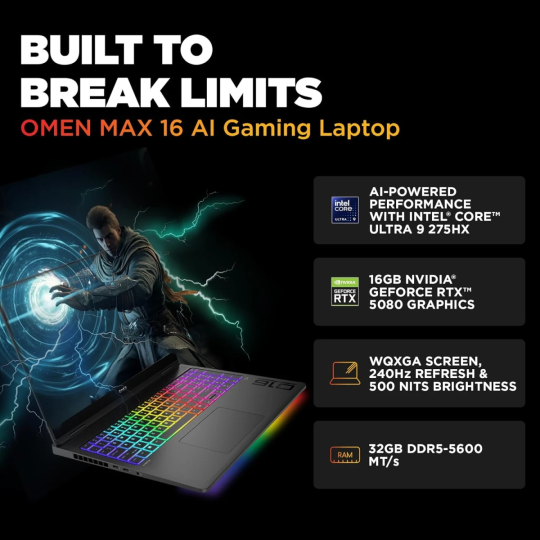 HP OMEN MAX 16 (2025) Gaming Laptop – Intel Core Ultra 9 Gen 2 275HX, RTX 5080 16GB, 16″ 2.5K 240Hz IPS, Shadow Black